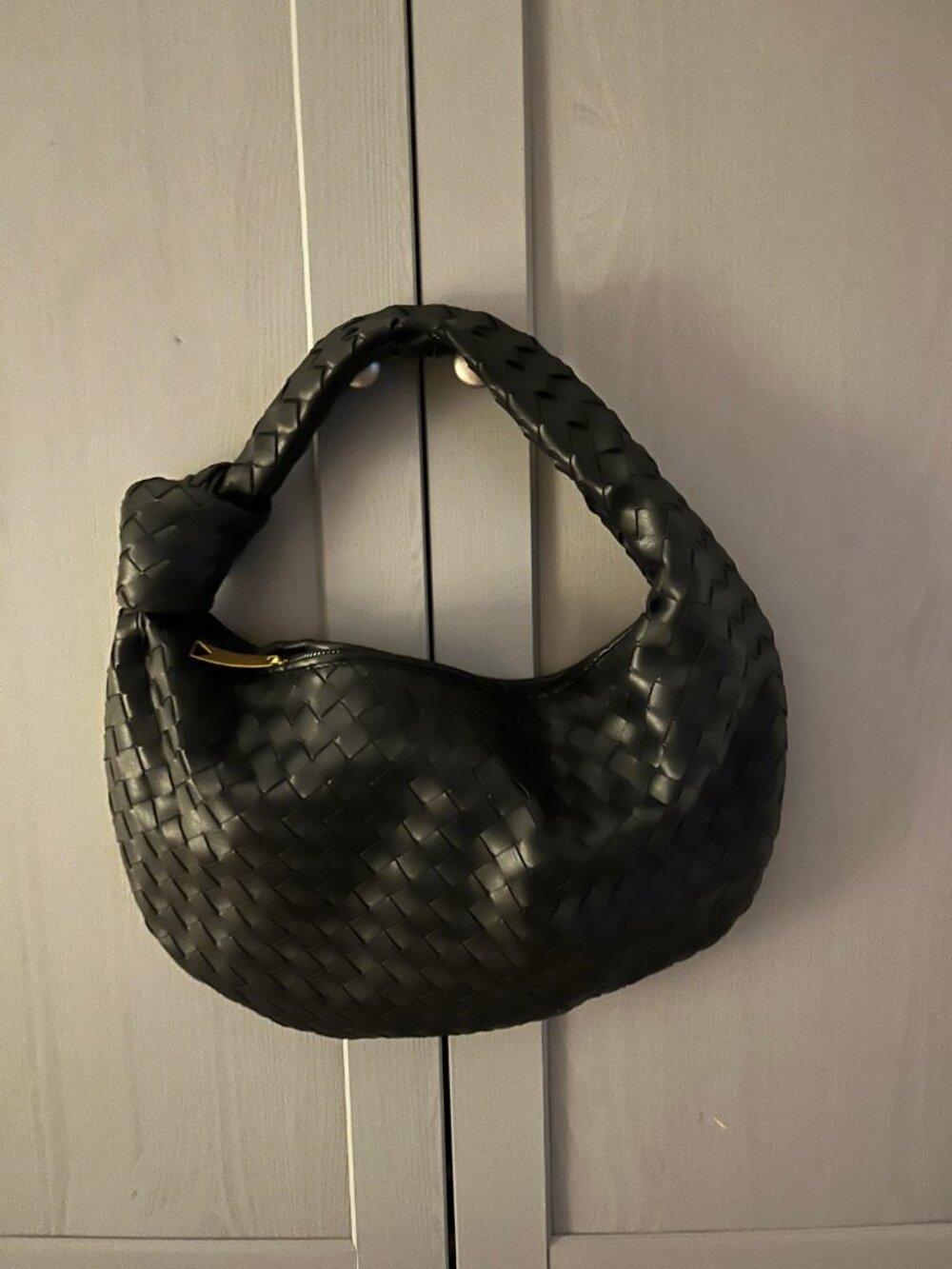 Black Woven Leather Hobo Bag Knotted Handle